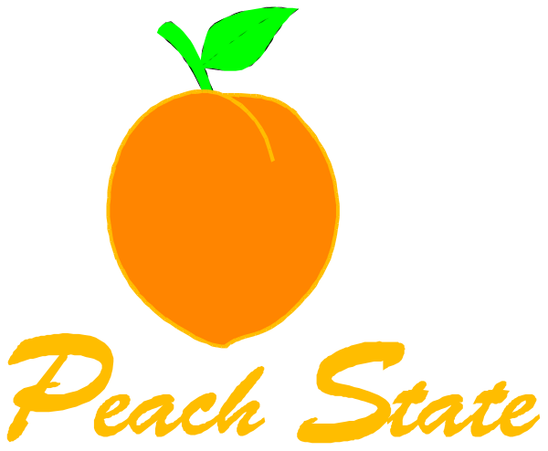 The logo features a graphic of an orange with leaves on top against a black background at the bottom left corner. Above it is text that reads "PEACH STATE" in yellow letters followed by another line of smaller white lettering reading "Farm."
