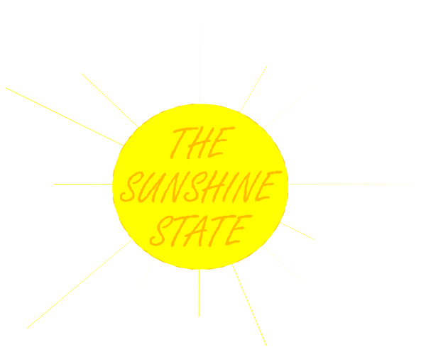 The image shows a black background with yellow text that reads "THE SUNSHINE STATE" at the top of an orange sun graphic in the center against a darker sky backdrop.