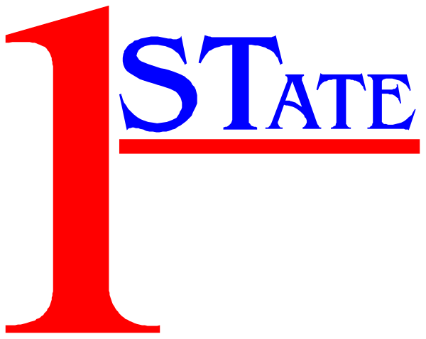 The image shows a logo with text that reads "1st State" on top of an American flag design at its center.
