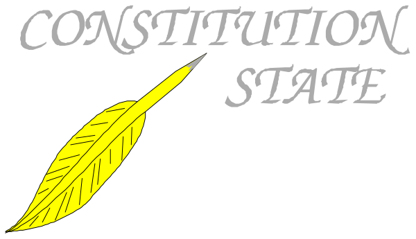 The image shows a logo with text that reads "Constitution State" above an arrow pointing downward to what appears to be a shield-like symbol below it.