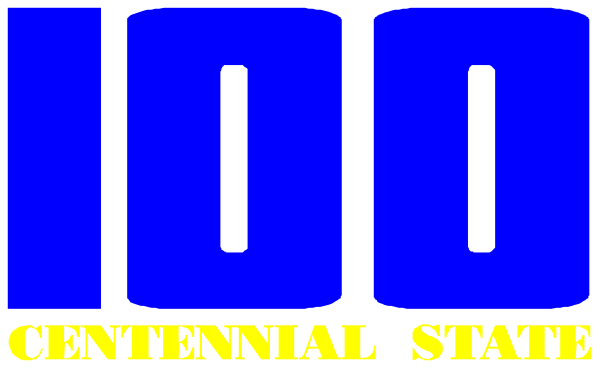 The image shows a graphic with text that reads "100" at top left corner of an oval shape containing two vertical lines resembling eyes in blue color against a white background; below this is another line reading "Centennial State."