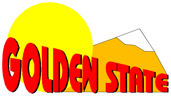 The image shows a logo with text that reads "GOLDEN STATE" at top left corner against an orange background; below it is another line of text in white font reading "WINE COUNTY," and beneath this, there's more text stating "KING CITY." In the center-right portion of the image, a graphic resembling a sun with rays emanating from its edges. The overall style appears to be digital art or clipart design intended for branding purposes.