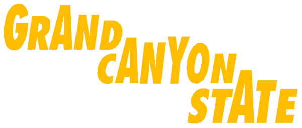 The text "GRAND CANYON STATE" with a background that appears to be an abstract representation of water in motion is superimposed over it.