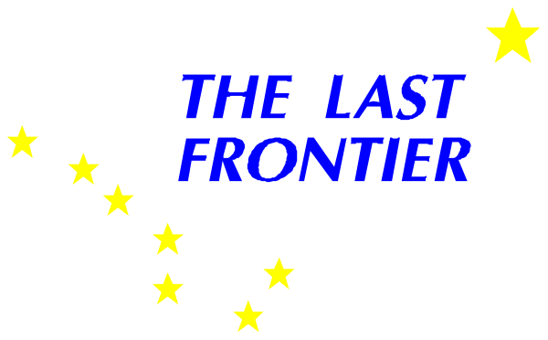 The image shows a black background with white text that reads "THE LAST FRONTIER" at the top of an oval shape containing stars in blue coloring.