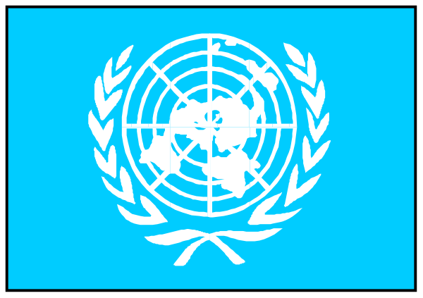 The image shows a stylized representation of an UN flag with its globe symbol on top against a blue background that resembles sky; below it is what appears to be a simplified depiction of a building, possibly representing a United Nations headquarters structure in black and white tones.