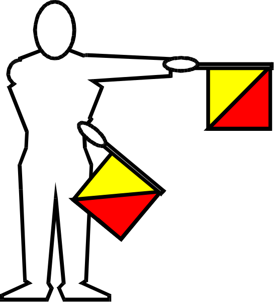 The black and white silhouette of a person holding two flags with different colored triangles on them: red for caution and yellow for warning.