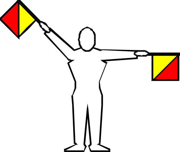 The image shows a black silhouette of an adult figure holding two yellow triangles with red borders against a white background.
