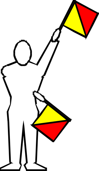 The image shows a black silhouette of an adult holding two yellow flags with red triangles on them against a white background in one corner; there is no text present within this small clip-art graphic.