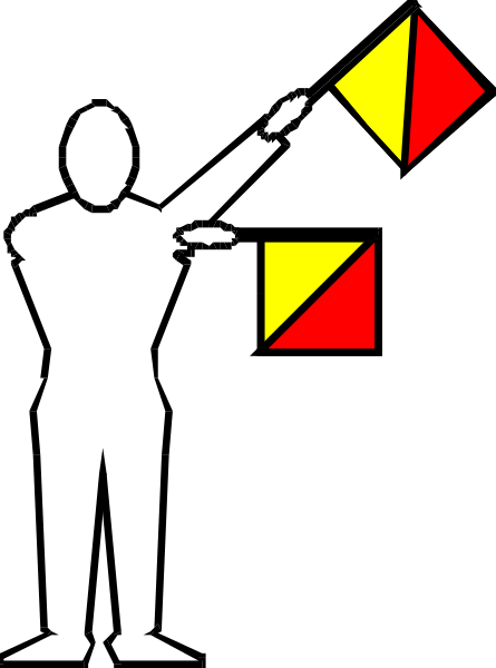 The black and white silhouette of a person holding two flags with different colored triangles on them: red for caution and yellow for warning; no other details provided about background or additional objects in this image.