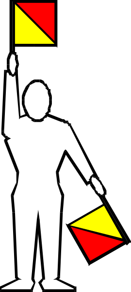 The image shows a black silhouette of an adult male figure holding two red flags with yellow triangles on them against a white background.