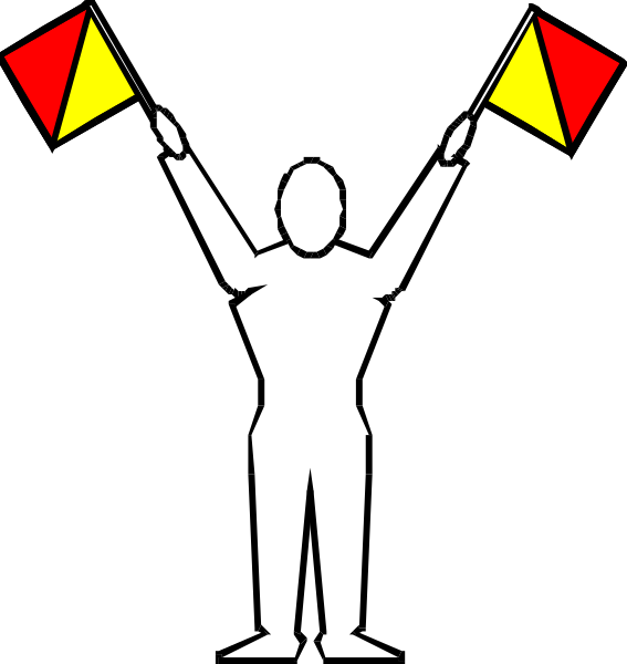 The image shows a black and white silhouette of two figures holding flags with red triangles on them against an unseen background.