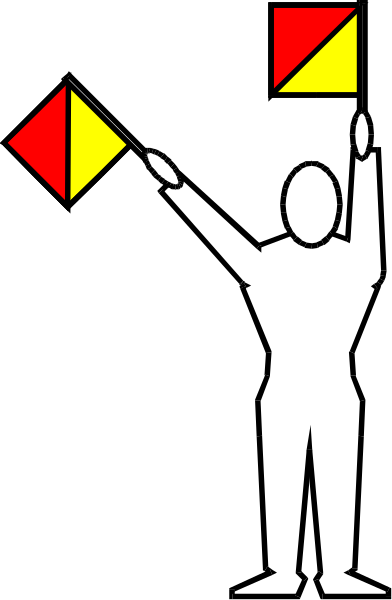 The black and white silhouette of a person holding up two red flags with their arms raised above them.