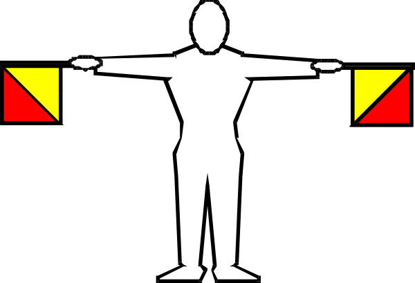 The image shows a black silhouette of an adult human figure standing with arms outstretched against two vertical red bars that have yellow triangles on them at each end.
