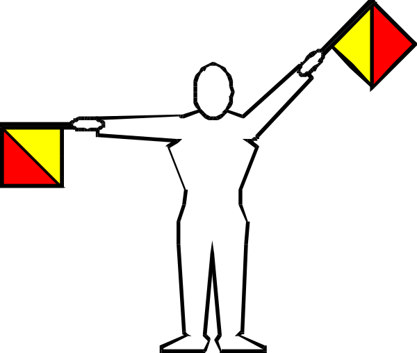 The black and white silhouette of a person holding two flags with an arrow pointing upwards between them.