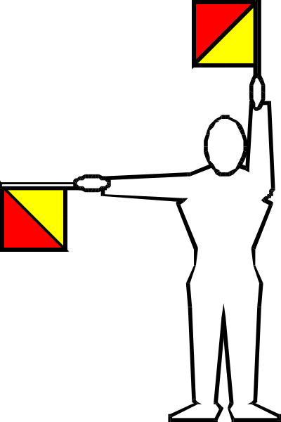 The black and white silhouette of a person holding two red flags with their arms outstretched against an indistinct background.