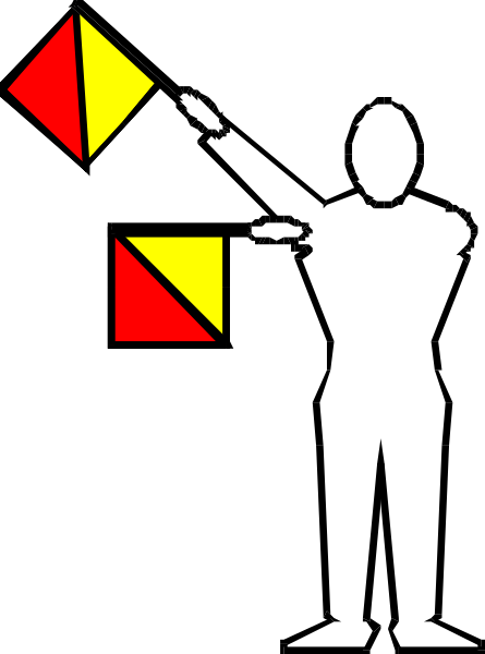 The image shows a black silhouette of an adult figure holding up two flags with red triangles on them against a white background.