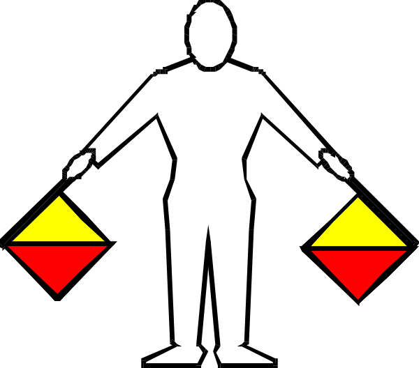 The black and white silhouette of a person holding three flags with different colored triangles on them against an unseen background.