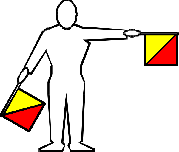 The image shows a black silhouette of an adult figure holding two red triangles with yellow outlines pointing upwards to each other against a white background.