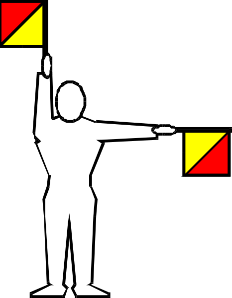 The black and white silhouette of a person holding two flags with red triangles on them against an unseen background.