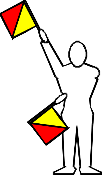 The image shows a black silhouette of an individual holding two red flags with white triangles on them against a gray background.