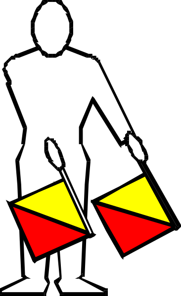 The image shows a black silhouette of an adult holding two yellow flags with red arrows pointing upwards against a white background on the left side; there is no text present in this clip-art illustration, and it does not depict any actions or settings beyond what has been described above.
