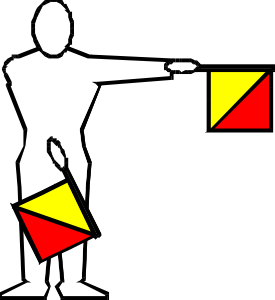 The image shows a black silhouette of an individual holding two flags: red for danger (or caution) and yellow for warning (or information).