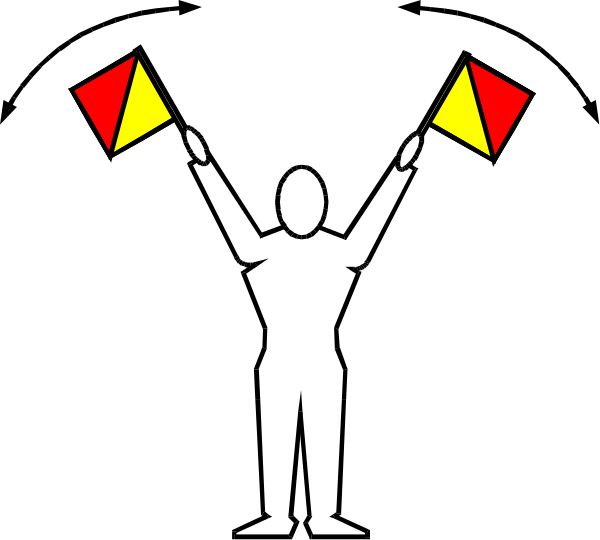 The black and white silhouette of a person holding two flags with red triangles on them against an unseen background.