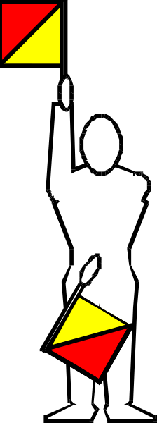 The image shows a black and white silhouette of an individual holding up two flags with different designs on them; there is no text present in this clip-art illustration.