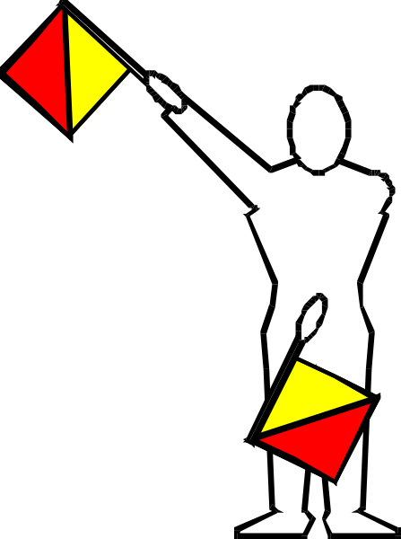 The image shows a black silhouette of an athlete holding two flags: red for caution and yellow for warning.