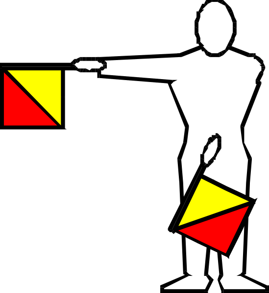 The image shows a black silhouette of an adult figure holding two flags: on their left hand is a red flag with white text that reads "STOP," while in their right hand there's another yellow triangle-shaped flag, which appears to be upside down or incorrectly oriented for the stop sign.