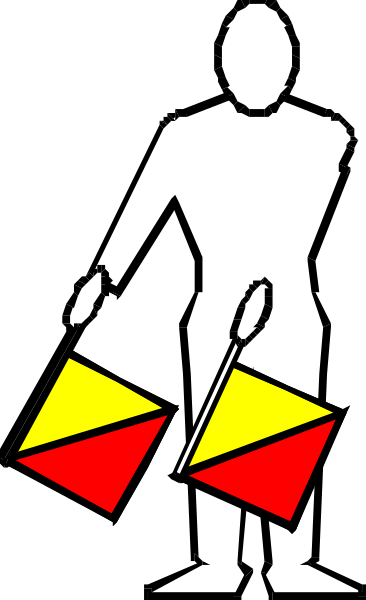 The image shows a black silhouette of an adult holding two red flags with yellow triangles on them against a white background in front of which there is another person standing behind a window pane that has been drawn over to obscure their face and upper body, creating a sense of privacy or concealment.