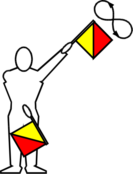 The black and white silhouette of a person holding two flags with different colored triangles on them against an indistinct background.