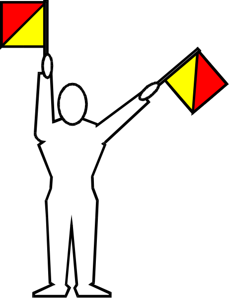The black and white silhouette of a person holding two flags with red triangles on them against an unseen background.
