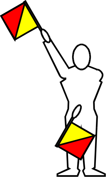 The black and white silhouette of a person holding two kites with red triangles on them against an orange background.