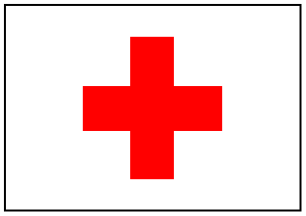 The image shows a pixelated representation of an emergency cross symbol on top left corner with red background inside it against white border lines that form two rectangles resembling windows in front of which there is a small, simple flagpole displaying what appears to be a medical or first aid sign below the window.