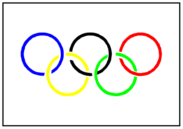 The image shows a colorful Olympic rings logo on an object that resembles a sign with five circles arranged vertically in red, white, blue, yellow, and green hues against a plain background.