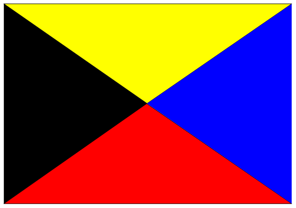 The image shows a stylized representation of an abstract flag with three distinct sections: blue on top left, yellow at bottom right, and red in between them; there is no text present within this clip-art graphic.