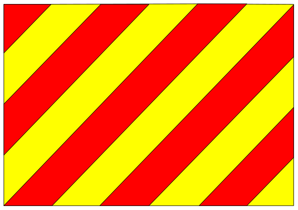 The image shows a red rectangular object with yellow stripes on it against a gray background.