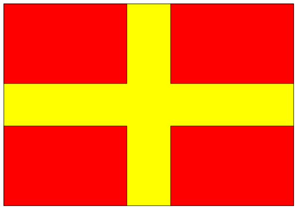 The image shows a red flag with yellow stripes on it against a gray background.