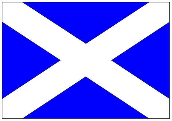 The flag of Scotland with a blue cross on white background inside it.