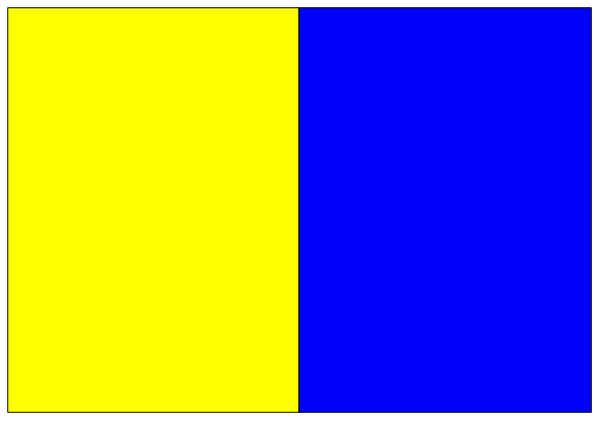 The image shows a blue rectangle with two yellow rectangles inside it on top of each other against a gray background.
