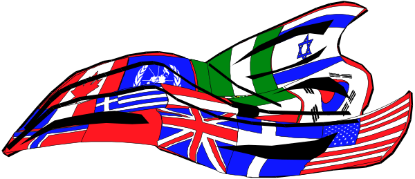 The image shows a colorful flag banner with various national flags displayed on it against a dark background.