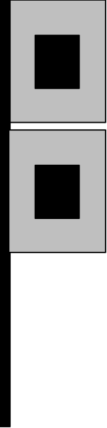 The image shows a pixelated representation of an object with two black squares on it against a grey background.