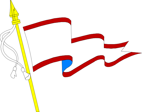The flag of a fictional country with red white blue stripes on it is shown against a black background.