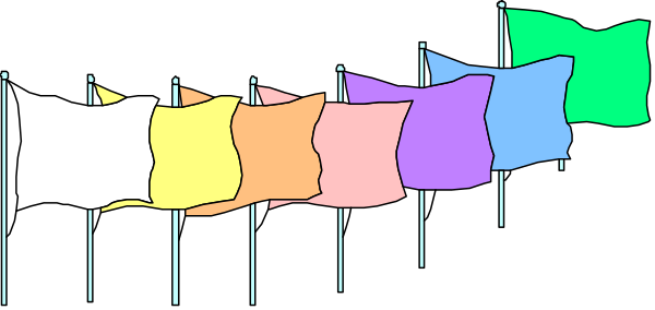 The image shows a row of colorful flags hanging on a line against a dark background with no other discernible details visible in this small clip-art representation.