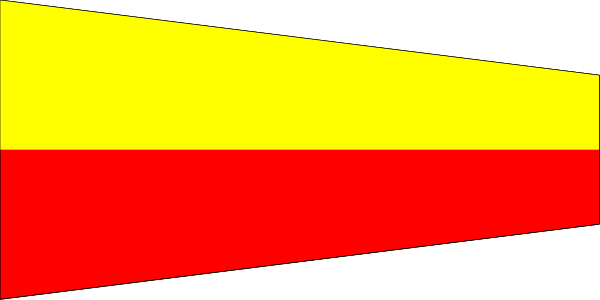 The image shows a red flag with yellow stripes on it being held by an unseen person's hand against a gray background.