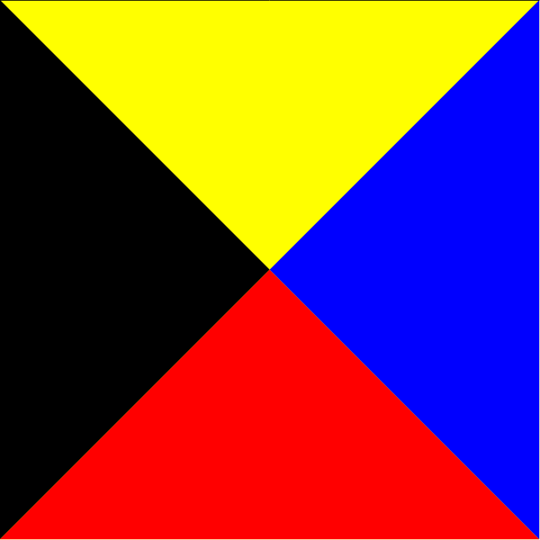 The image shows a colorful geometric shape resembling an abstract representation of a flag with four distinct sections: blue at top left; red in upper right corner; yellow on lower half to bottom center; black, which is split into two parts by white lines and forms part of the design's border.