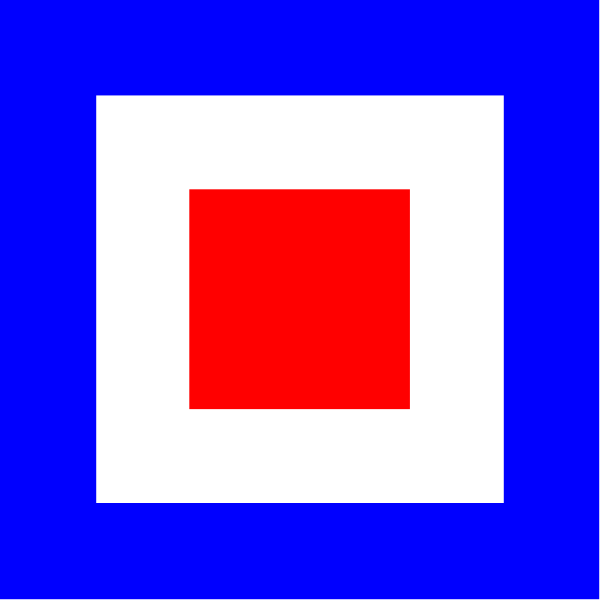 The image shows a blue square with an orange diamond inside it on top of another red rectangle that is outlined by white lines within a larger purple background.