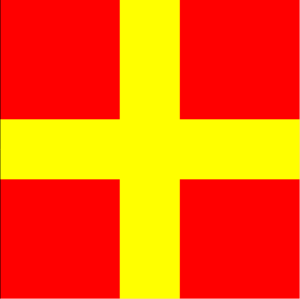 The flag of Romania with a yellow cross on it against red background.
