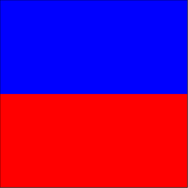 The image shows a red flag with blue borders on top of another smaller rectangle that is also colored red but has white stripes at its bottom edge.